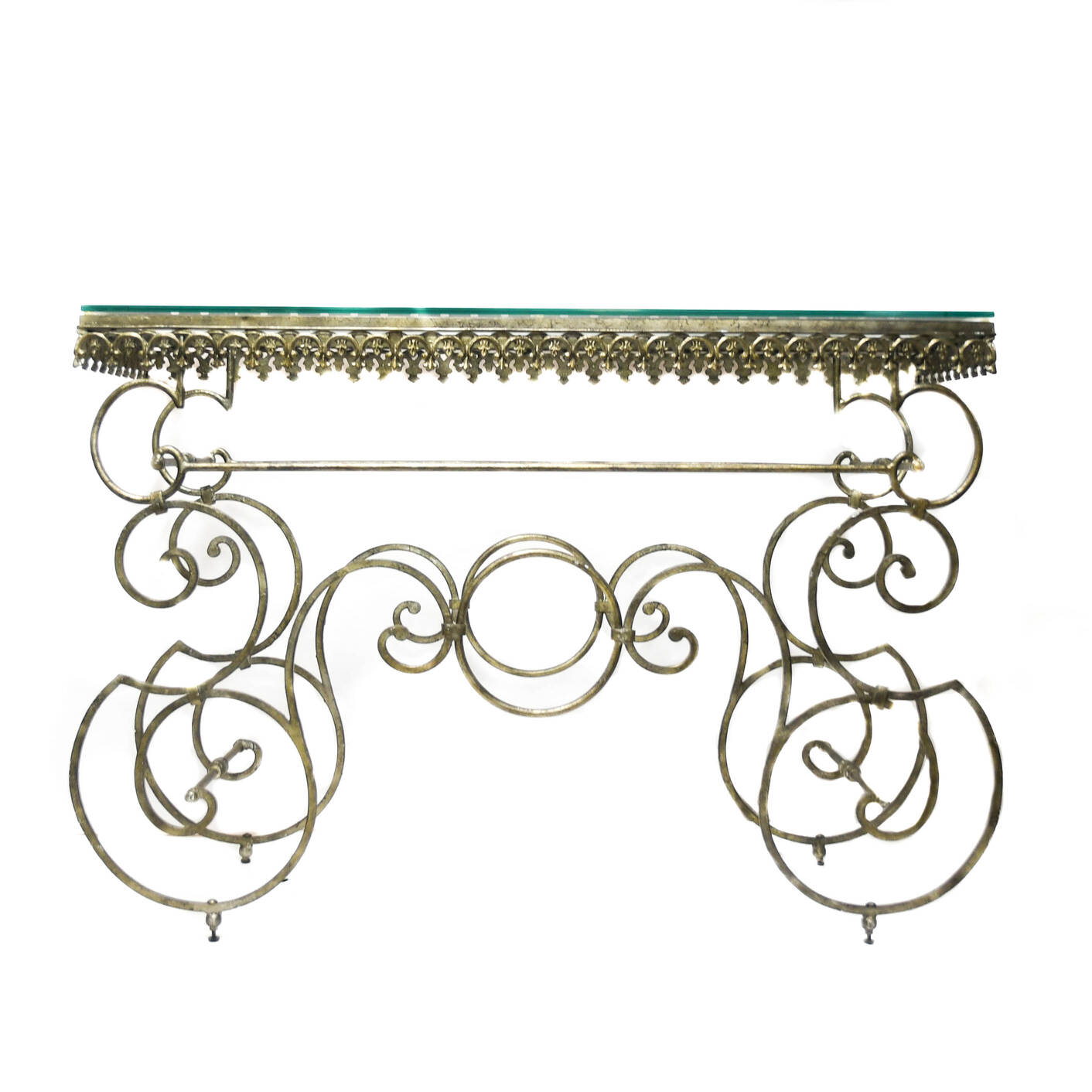 Wrought Iron Look Scroll Console Table with Glass Top