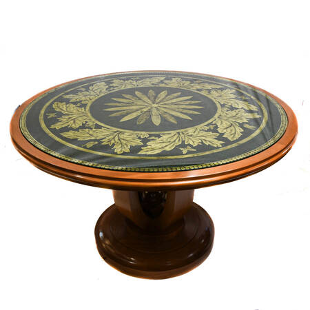 Green Glass and Gold Round Pedestal Botanical Dining Table