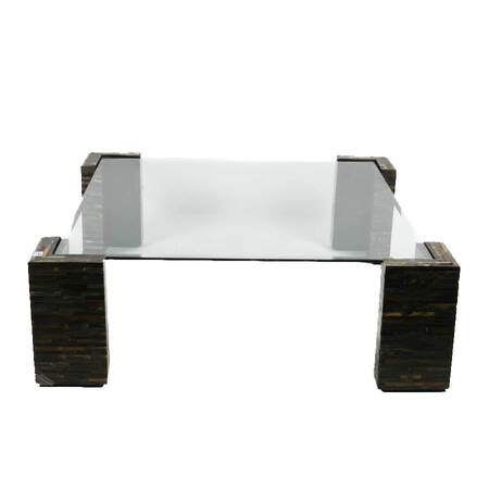 Mid-Century Modern Carved Horn Tile and Glass Top Coffee Table