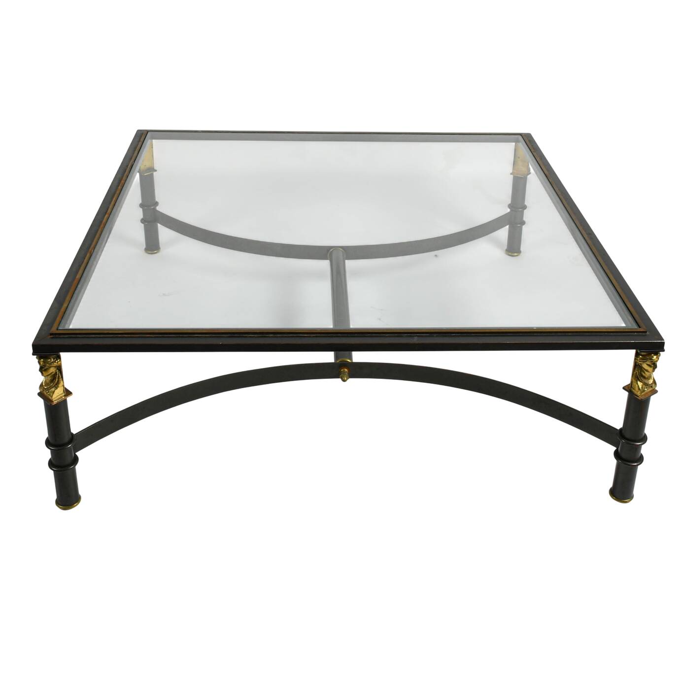 Brushed Steel and Figural Brass Accents Glass Top Coffee Table