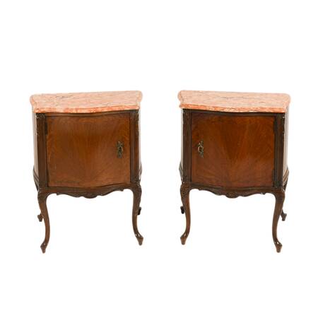 Antique Pair of French Walnut and Marble Top Nightstands