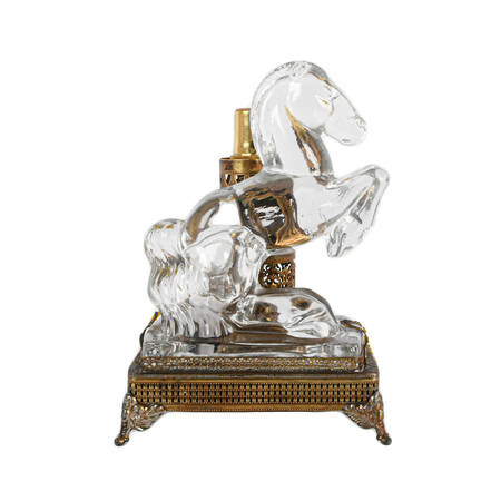 Glass Rearing Horse on Filigree Brass Table Lamp
