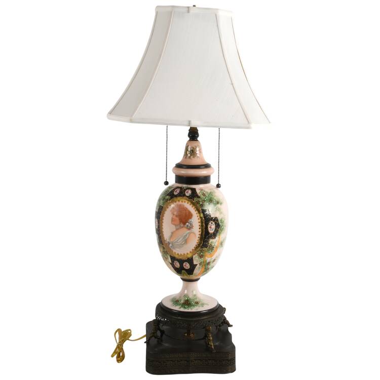 Cased Glass Hand-Painted Woman's Portrait Table Lamp