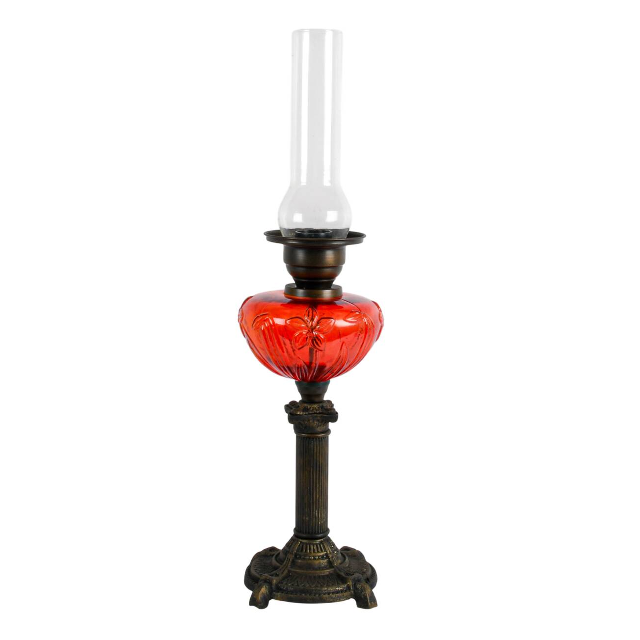 Antique Floral Ruby Glass Converted Oil Lamp