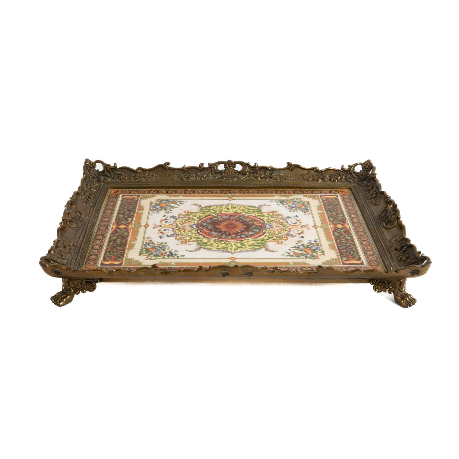 Hand-Painted Ceramic and Bronze Footed Castilian Tray