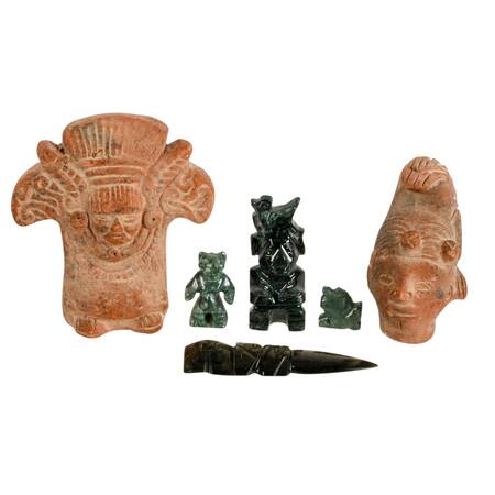 Collection of Six Mayan Terracotta and Stone Figures