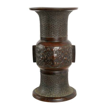 Antique-Style Chinese Bronze Beaker Gu Vase with Qianlong Cash Coin Base