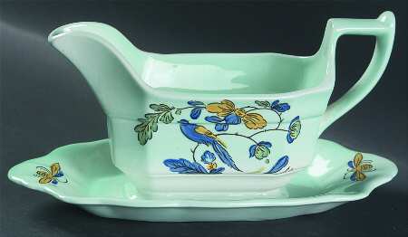 Blue Parrot (Celadon) Gravy Boat with Attached Underplate