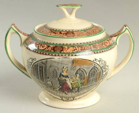 Cries of London (Green & Brown rim) Sugar Bowl & Lid