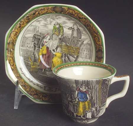 Cries of London (Green & Brown rim) Flat Demitasse Cup & Saucer Set
