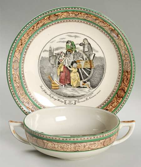 Cries of London (Green & Brown rim) Flat Cream Soup Bowl & Saucer Set