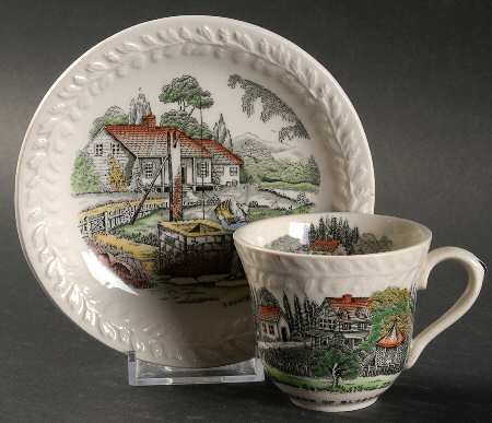 Currier & Ives (Raised Border, Cream Body) Flat Demitasse Cup & Saucer Set