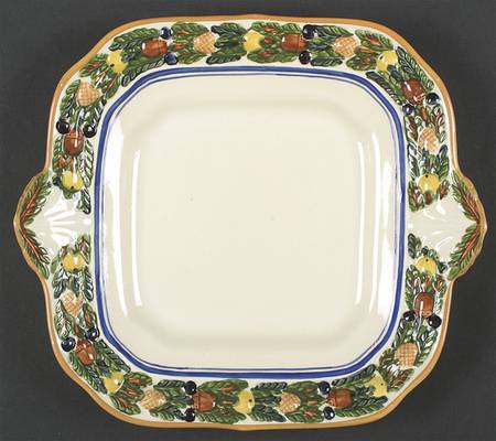 Della Robia Multicolor on Cream Square Handled Cake Plate