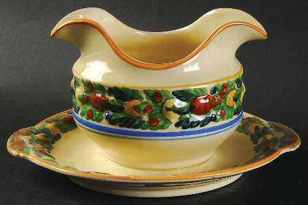 Della Robia Multicolor on Cream Gravy Boat with Attached Underplate