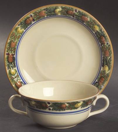 Della Robia Multicolor on Cream Flat Cream Soup Bowl & Saucer Set