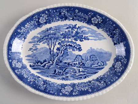 English Scenic Blue (Scalloped) 14" Oval Serving Platter