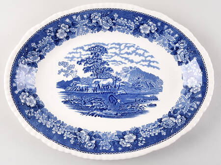English Scenic Blue (Scalloped) 14" Oval Serving Platter