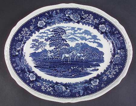 English Scenic Blue (Scalloped) 13" Oval Serving Platter
