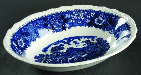 English Scenic Blue (Scalloped) 9" Oval Vegetable Bowl
