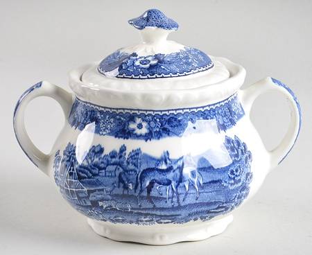 English Scenic Blue (Scalloped) Sugar Bowl & Lid