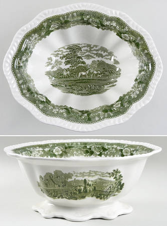 English Scenic Green (Scalloped) Tureen No Lid