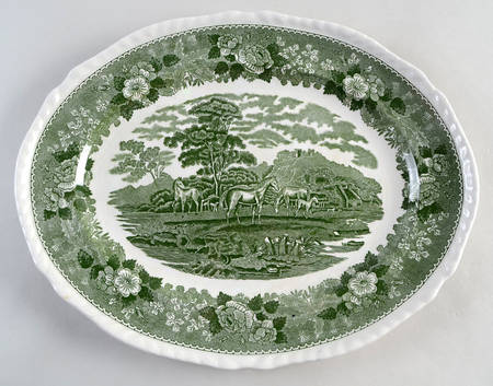 English Scenic Green (Scalloped) 13" Oval Serving Platter