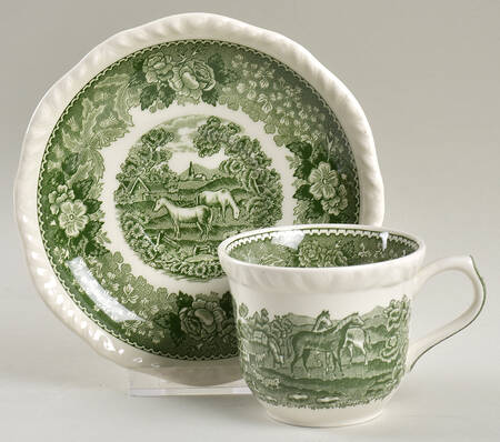 English Scenic Green (Scalloped) Flat Cup & Saucer Set
