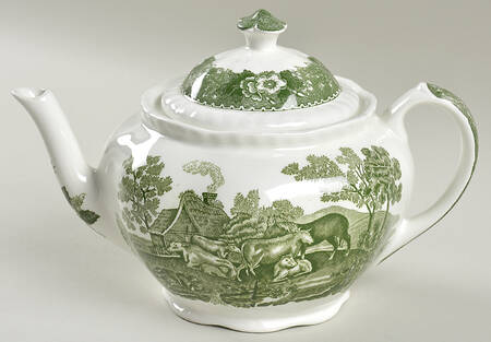 English Scenic Green (Scalloped) Teapot & Lid