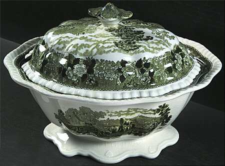 English Scenic Green (Scalloped) Tureen &  Lid