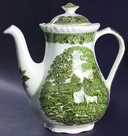 English Scenic Green (Scalloped) Mini Coffee Pot & Lid