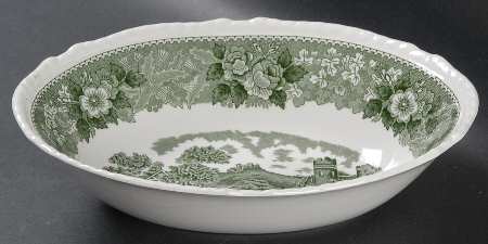 English Scenic Green (Scalloped) 9" Oval Vegetable Bowl