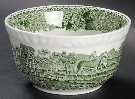 English Scenic Green (Scalloped) Cranberry Bowl