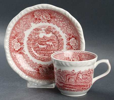 English Scenic Pink (Newer, Scalloped) Flat Cup & Saucer Set