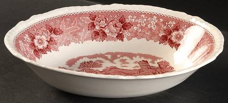 English Scenic Pink (Newer, Scalloped) 9" Oval Vegetable Bowl
