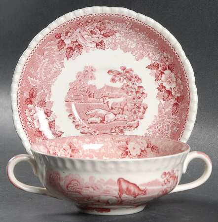English Scenic Pink (Older-Cream) Flat Cream Soup Bowl & Saucer Set