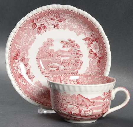 English Scenic Pink (Older-Cream) Flat Cup & Saucer Set