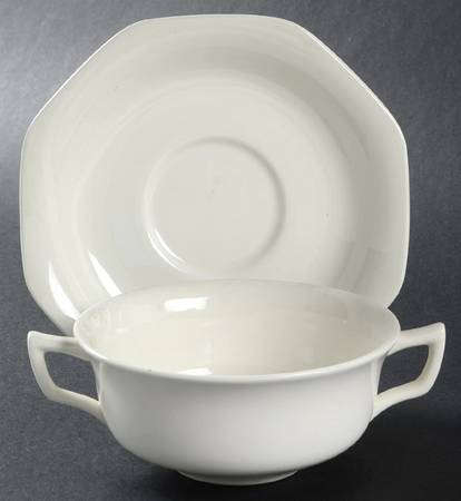 Hexagon White Flat Cream Soup Bowl & Saucer Set