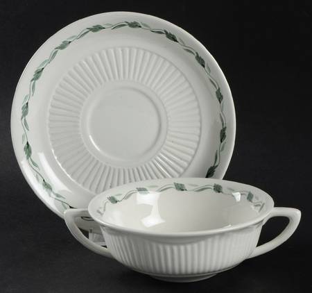 Lincoln (Green Vine on Rim) Flat Cream Soup Bowl & Saucer Set