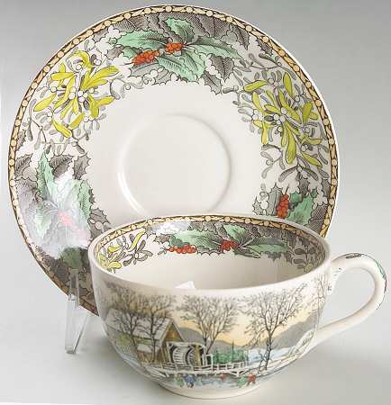 Winter Scenes Black, Multicolor Footed Cup & Saucer Set