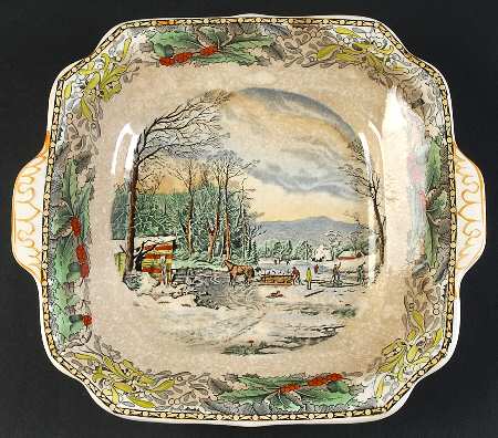 Winter Scenes Black, Multicolor Square Handled Cake Plate