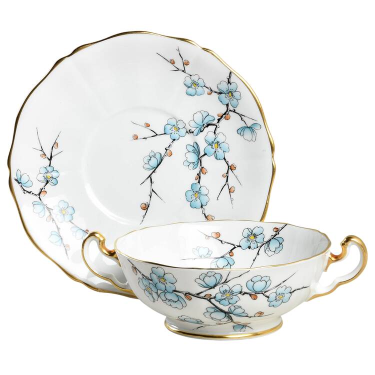 Chinese Blossom (Blue Flowers) Footed Cream Soup Bowl & Saucer Set by Adderley