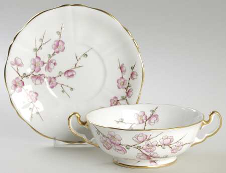 Chinese Blossom (Pink Blossoms) Footed Cream Soup Bowl & Saucer Set by Adderley