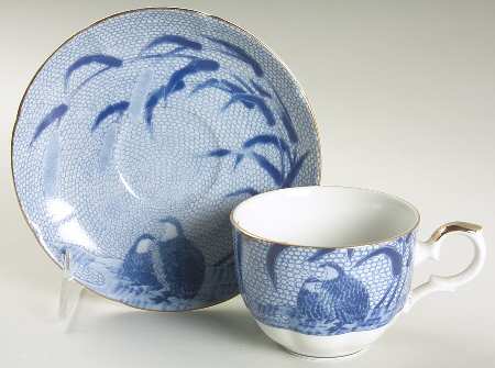 Blue Chinese Quail Flat Cup & Saucer Set