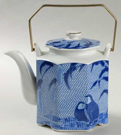 Blue Chinese Quail Teapot & Lid with Brass Handle by Arita