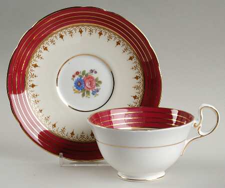 Dorchester Maroon (Floral Cneter) Footed Cup & Saucer Set