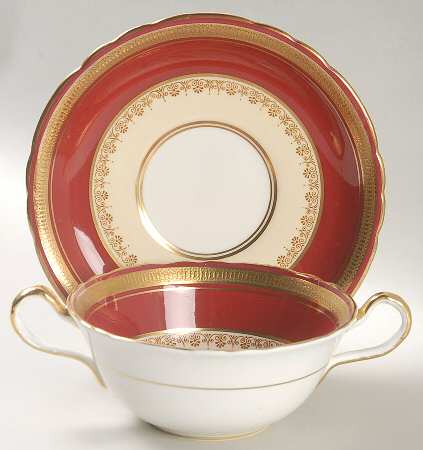 Durham Maroon (Scalloped, Gold Encrusted) Flat Cream Soup Bowl & Saucer Set
