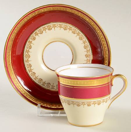 Durham Maroon (Scalloped, Gold Encrusted) Flat Demitasse Cup & Saucer Set