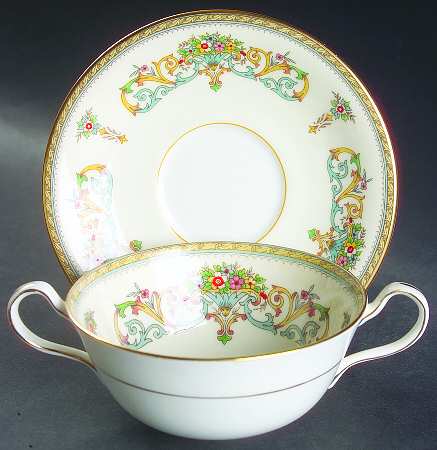 Henley (Smooth, Gold Trim, Green Backstamp) Flat Cream Soup Bowl & Saucer Set