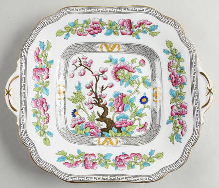 Indian Tree (Gold Trim, Black Key, Scalloped) Square Handled Cake Plate