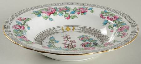 Indian Tree (Gold Trim, Black Key, Scalloped) Rim Soup Bowl